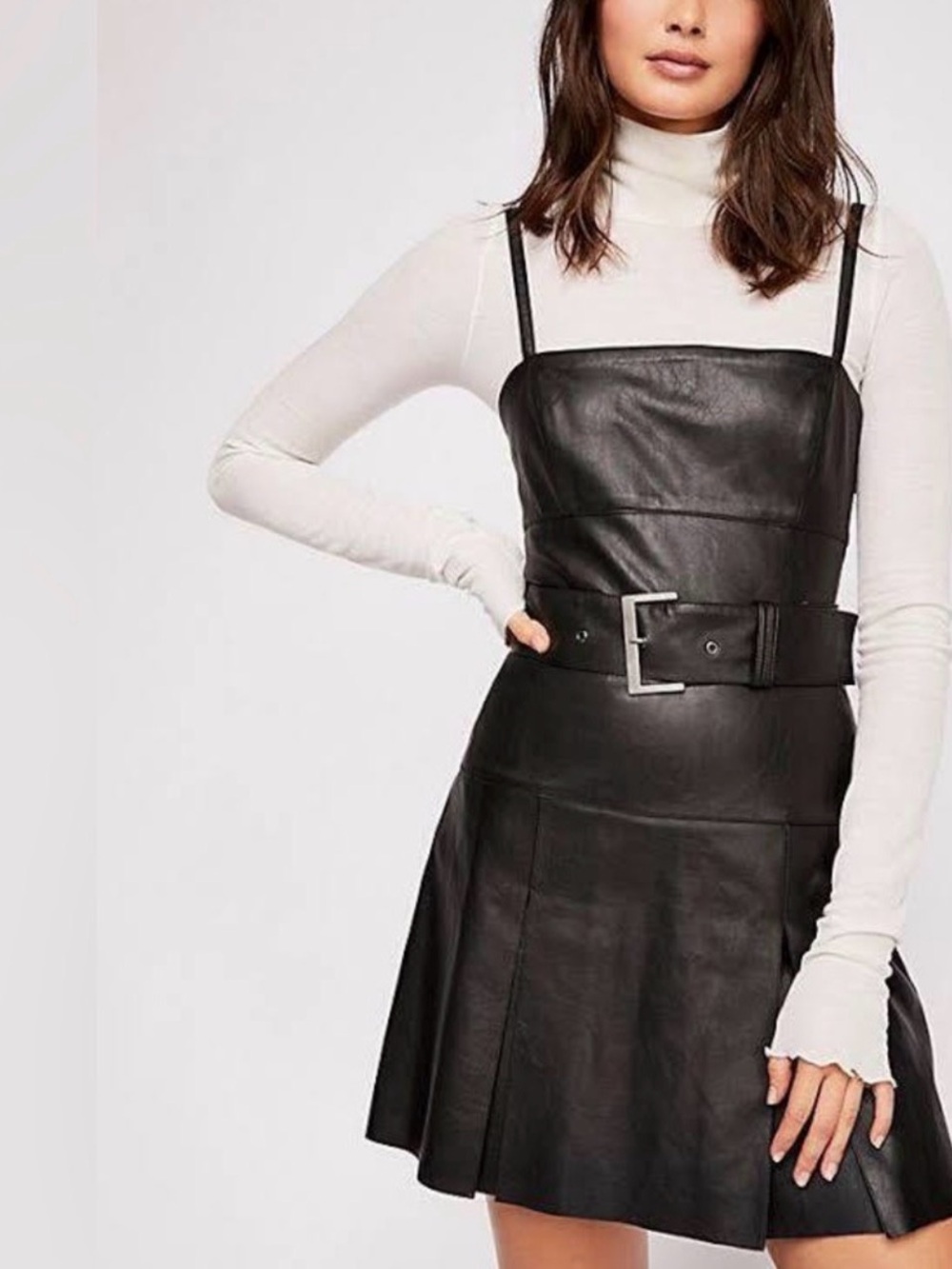Free People Black Faux Leather Mini Dress with Belt